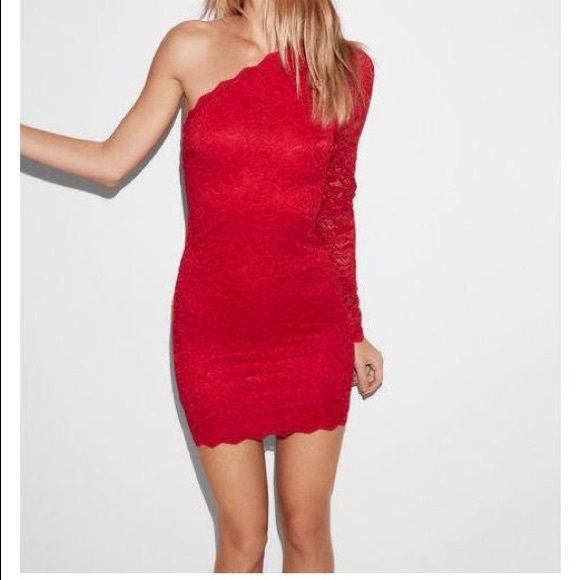 Express Red Lace One Shoulder Puff Sleeve Dress - Picture 2 of 7